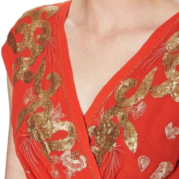 Free People Ooh La La Sequin Embroidered Blouse Orange Gold size small - Picture 2 of 10